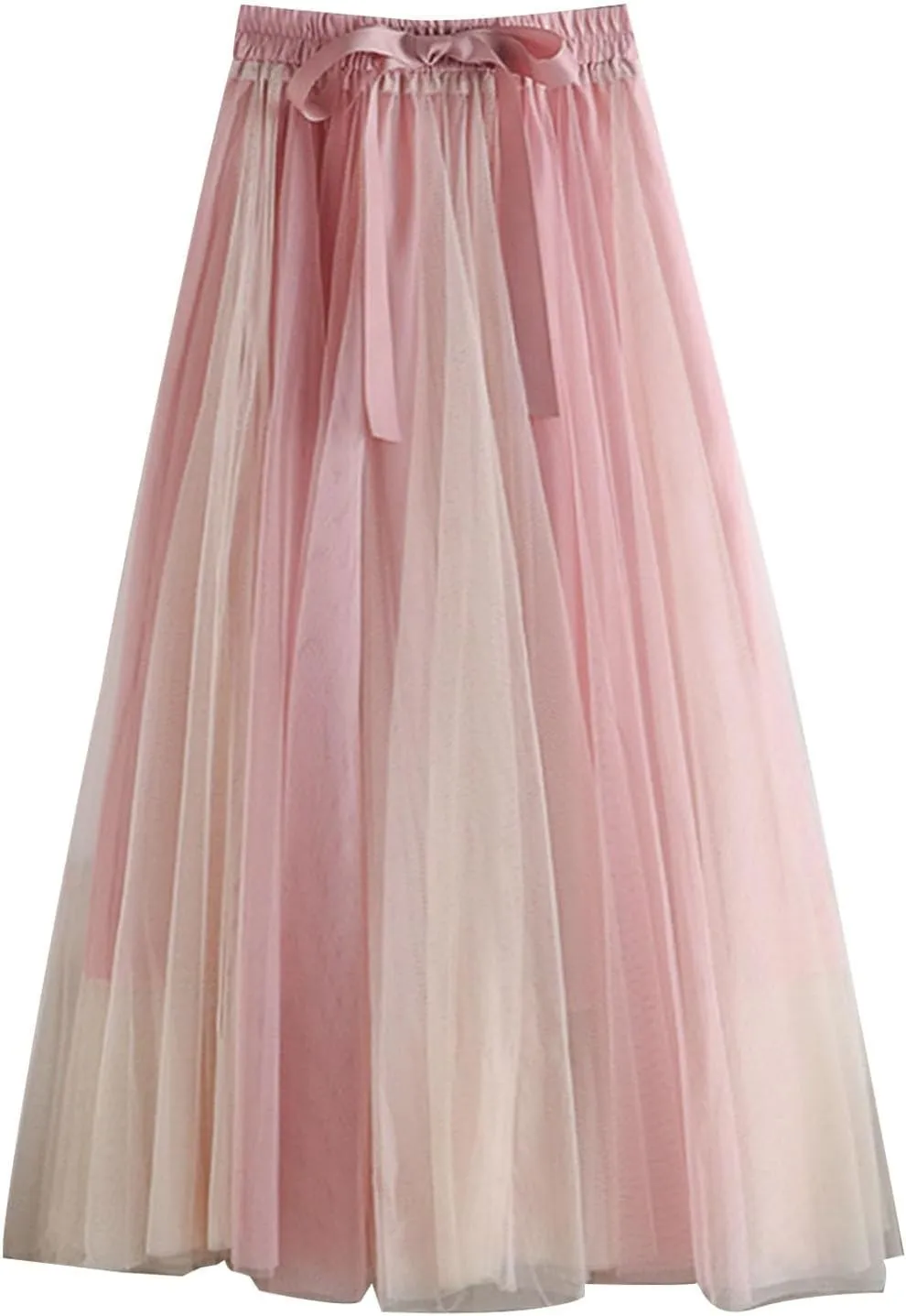 Women's Flowy Tulle Pleated Skirt Cute Bowtie High Waist Midi Length Skirts Color Block Tutu Skirt