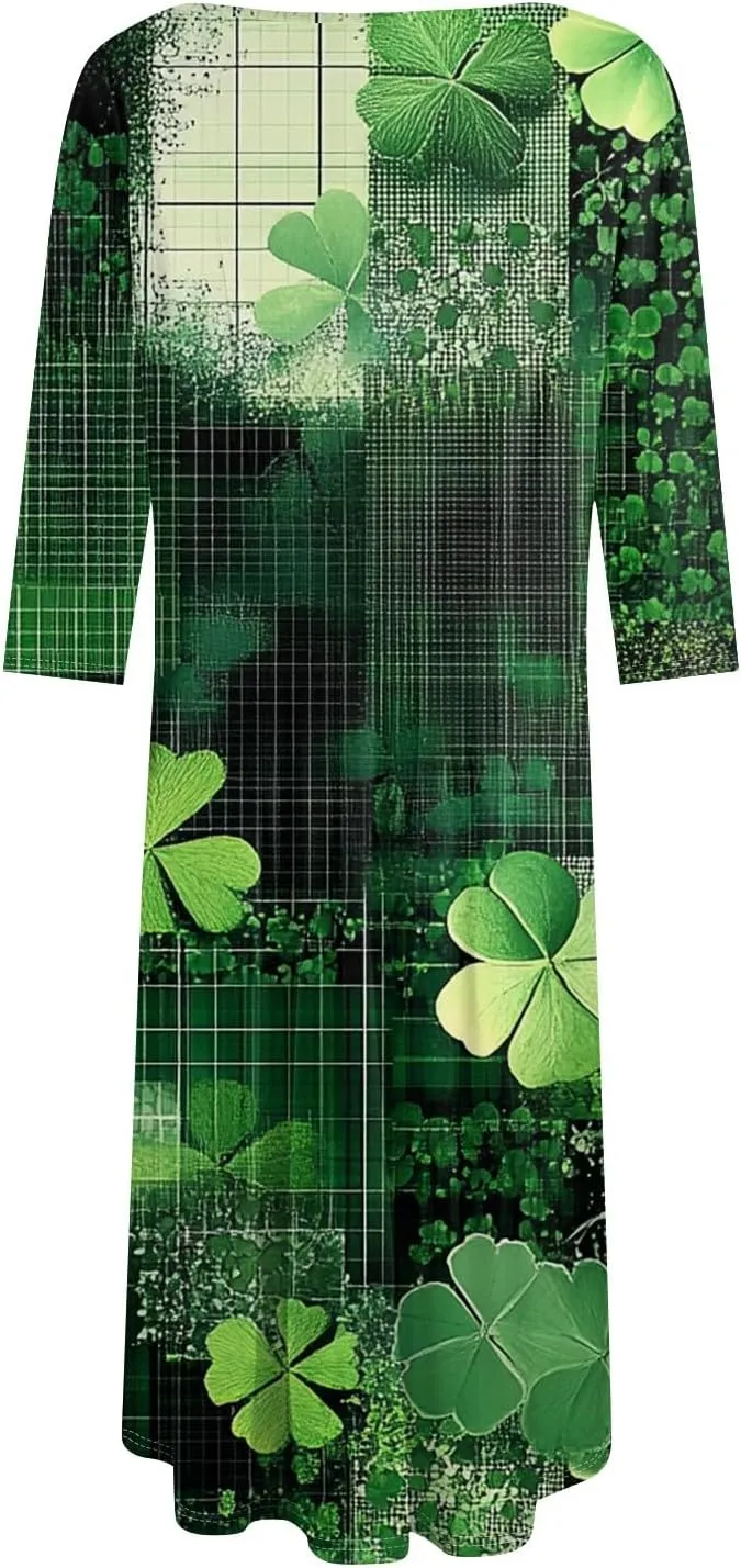 Womens Formal St Patricks Midi Dress,Trendy 3/4 Sleeve Shamrock Elegant Smocked Flowy Casual Plus Size A Line Dress