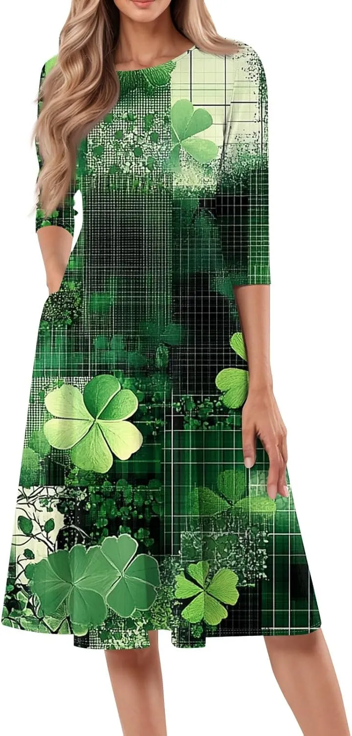 Womens Formal St Patricks Midi Dress,Trendy 3/4 Sleeve Shamrock Elegant Smocked Flowy Casual Plus Size A Line Dress