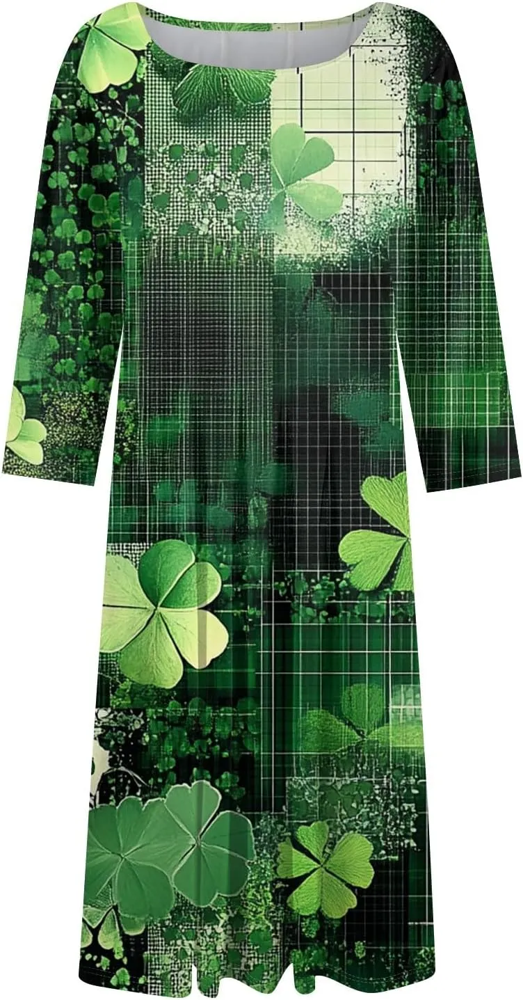 Womens Formal St Patricks Midi Dress,Trendy 3/4 Sleeve Shamrock Elegant Smocked Flowy Casual Plus Size A Line Dress