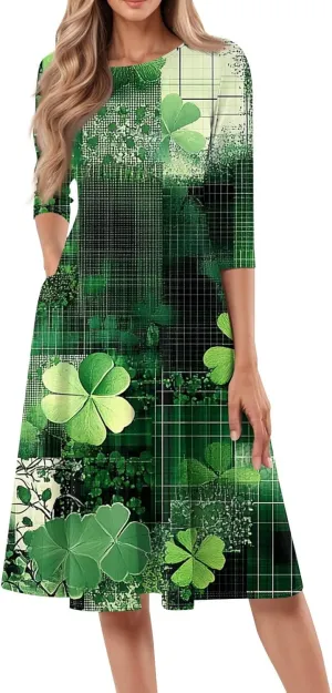 Womens Formal St Patricks Midi Dress,Trendy 3/4 Sleeve Shamrock Elegant Smocked Flowy Casual Plus Size A Line Dress