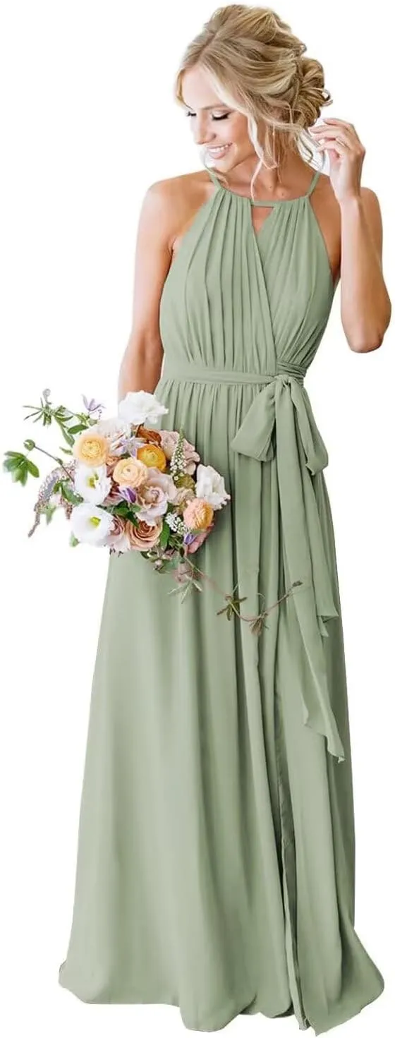 Women's Halter Bridesmaid Dresses Chiffon Long A Line Pleated Formal Evening Dresses IMC031