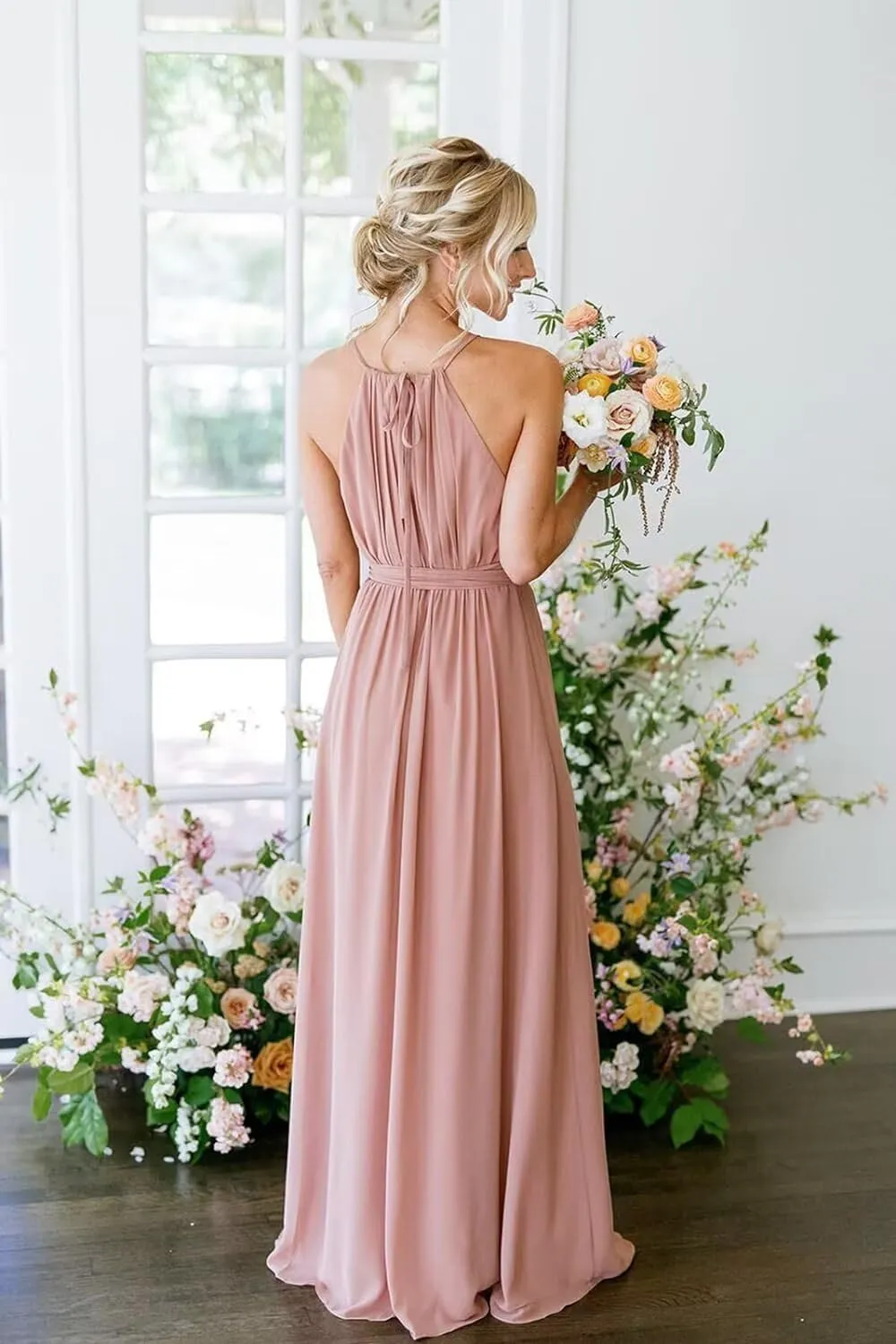 Women's Halter Bridesmaid Dresses Chiffon Long A Line Pleated Formal Evening Dresses IMC031