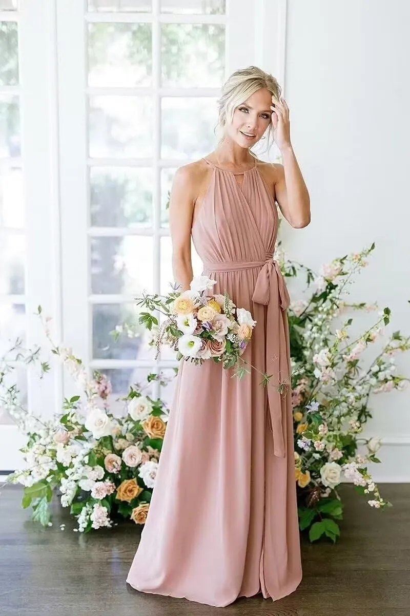 Women's Halter Bridesmaid Dresses Chiffon Long A Line Pleated Formal Evening Dresses IMC031