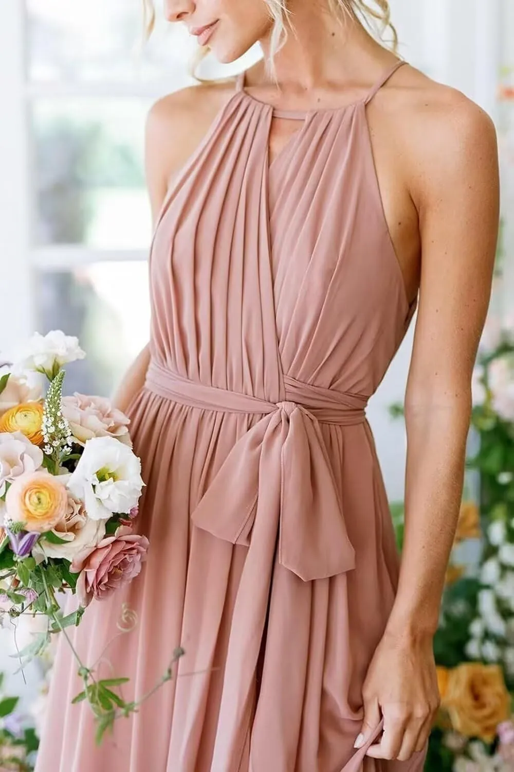 Women's Halter Bridesmaid Dresses Chiffon Long A Line Pleated Formal Evening Dresses IMC031