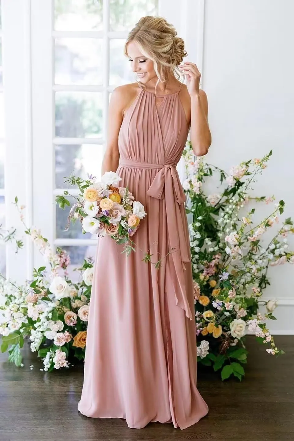 Women's Halter Bridesmaid Dresses Chiffon Long A Line Pleated Formal Evening Dresses IMC031