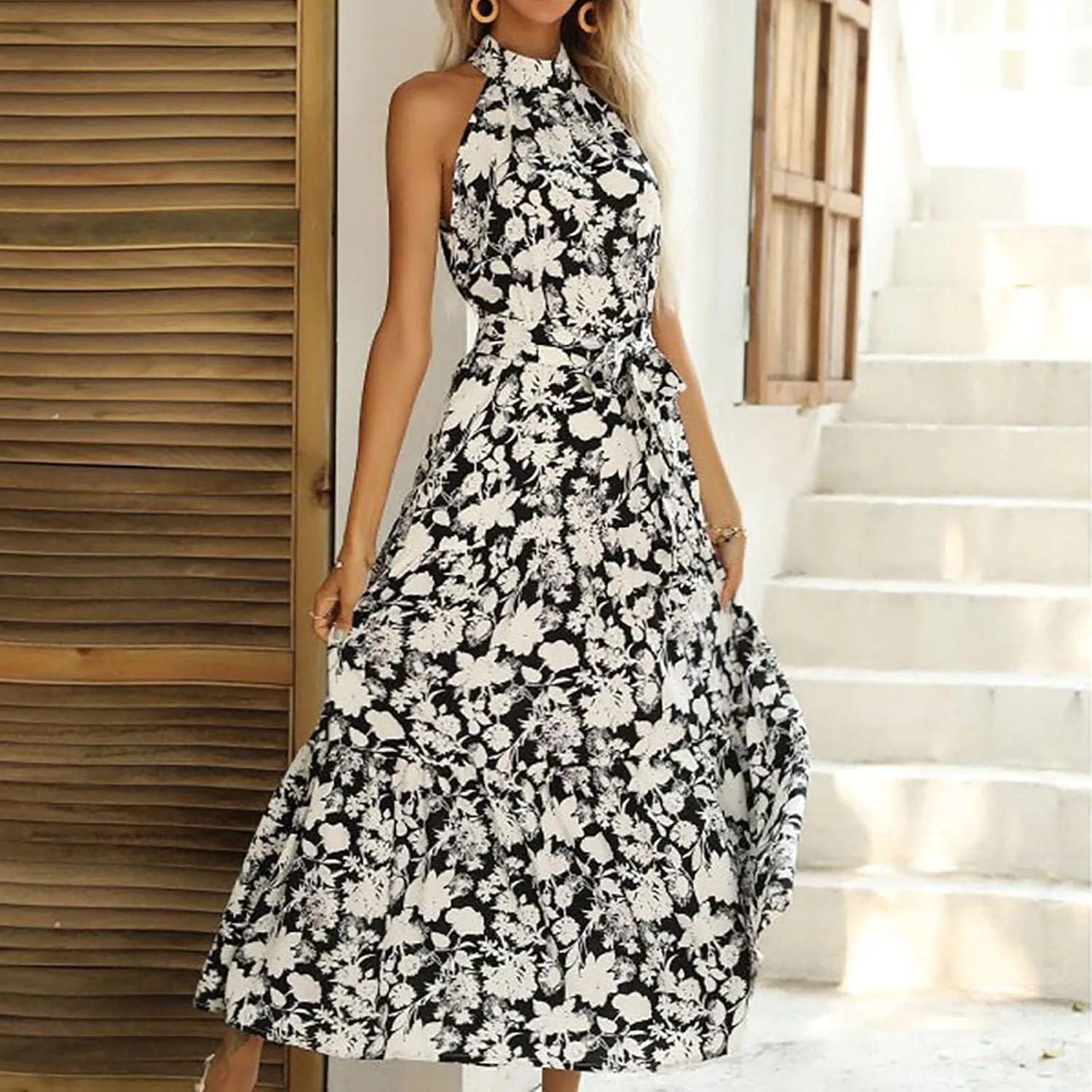 Women's Halter Neck Maxi Beach Dress Summer Boho Floral Sleeveless Lace-Up A-Line Dresses Flowy High Waist Sundress