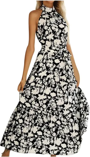 Women's Halter Neck Maxi Beach Dress Summer Boho Floral Sleeveless Lace-Up A-Line Dresses Flowy High Waist Sundress