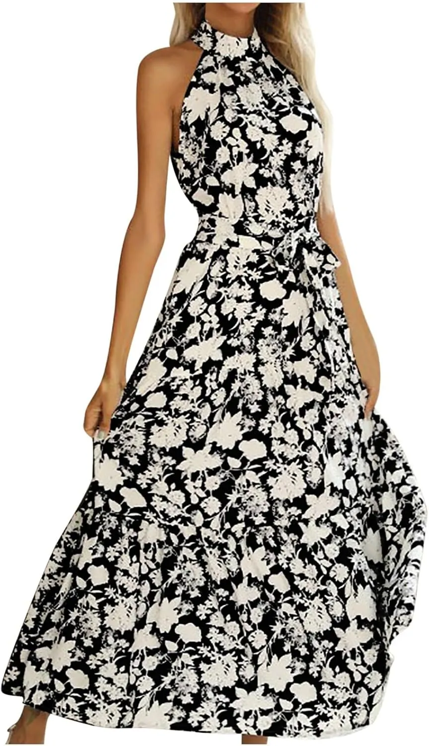 Women's Halter Neck Maxi Beach Dress Summer Boho Floral Sleeveless Lace-Up A-Line Dresses Flowy High Waist Sundress