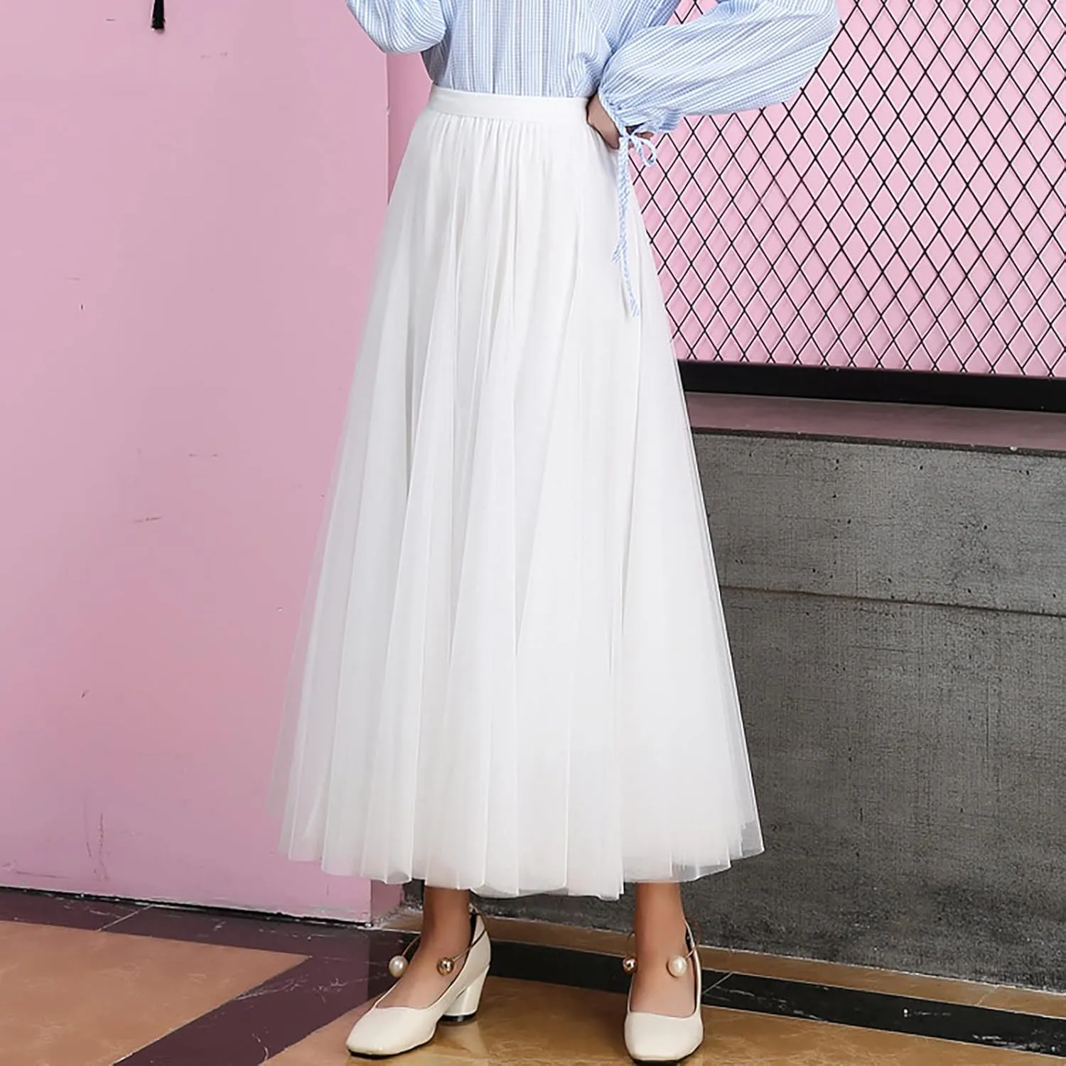 Women's High Waist A Line Skirts Women's Tulle Layered Skirt Mesh Pleated Midi Skirts Draped High Waist Elegant