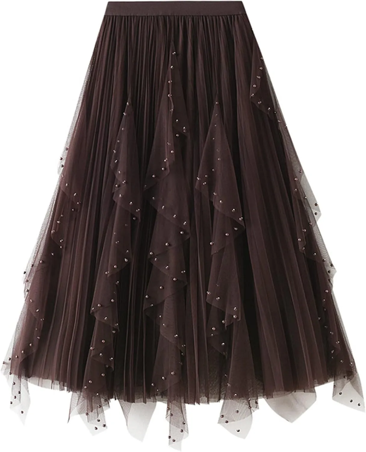 Women's High Waist Elastic Elegant Mesh Tulle Flowy Tea Length Pleated Maxi Skirt