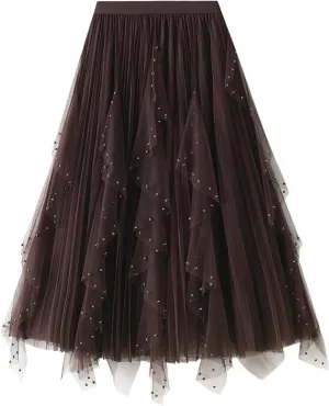 Women's High Waist Elastic Elegant Mesh Tulle Flowy Tea Length Pleated Maxi Skirt