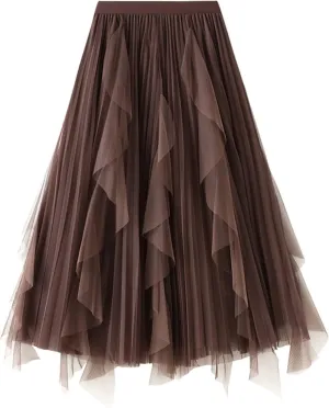 Women's High Waist Elastic Elegant Mesh Tulle Flowy Tea Length Pleated Maxi Skirt