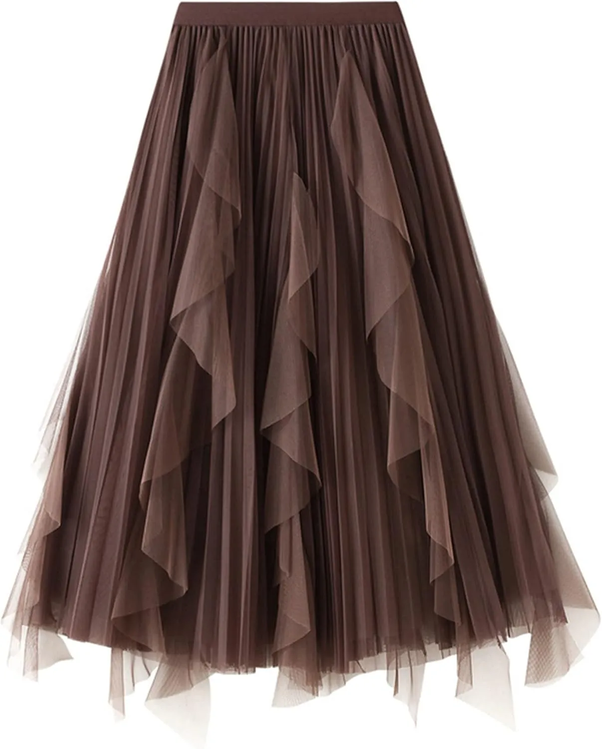 Women's High Waist Elastic Elegant Mesh Tulle Flowy Tea Length Pleated Maxi Skirt