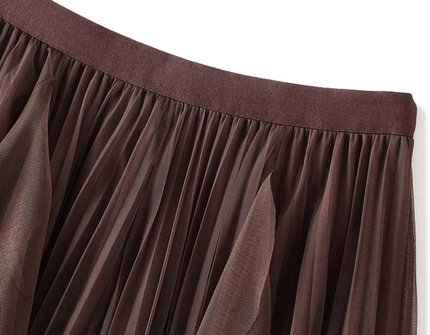 Women's High Waist Elastic Elegant Mesh Tulle Flowy Tea Length Pleated Maxi Skirt