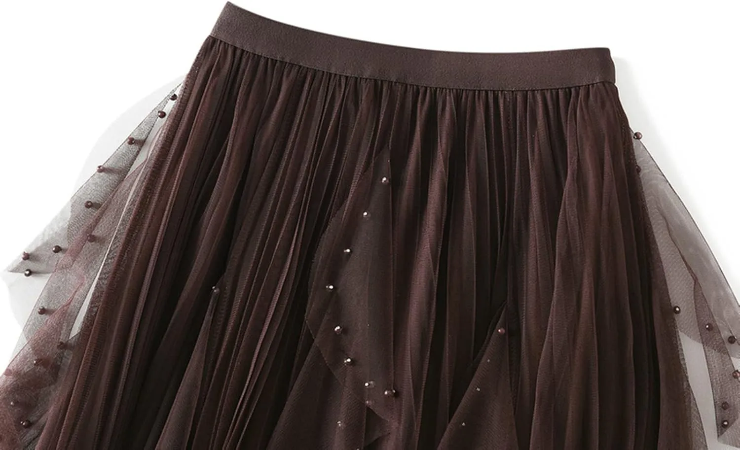 Women's High Waist Elastic Elegant Mesh Tulle Flowy Tea Length Pleated Maxi Skirt