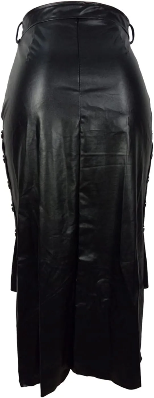 Womens High Waisted Belted Leather Pencil Skirt Side Button Split Faux Leather Work Midi Skirt Wrap