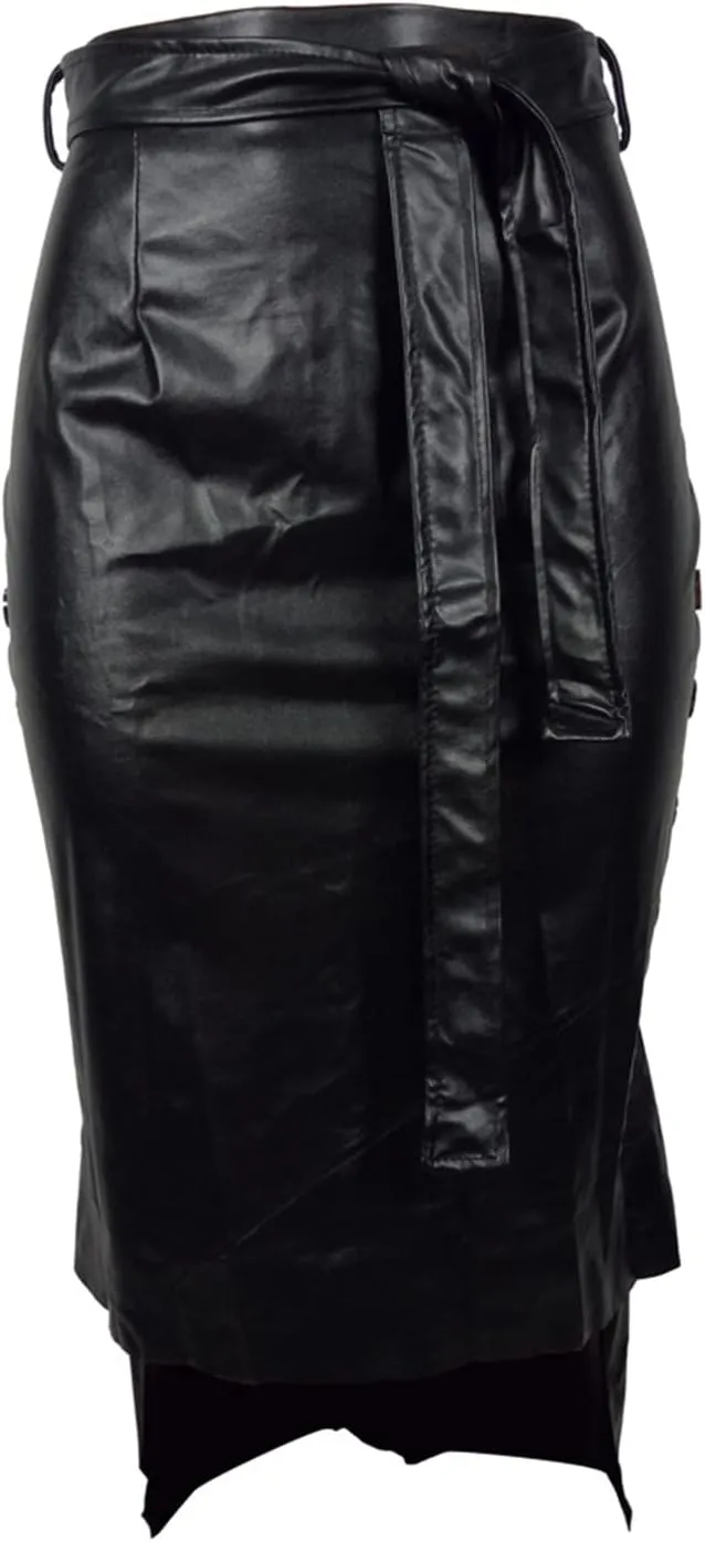 Womens High Waisted Belted Leather Pencil Skirt Side Button Split Faux Leather Work Midi Skirt Wrap