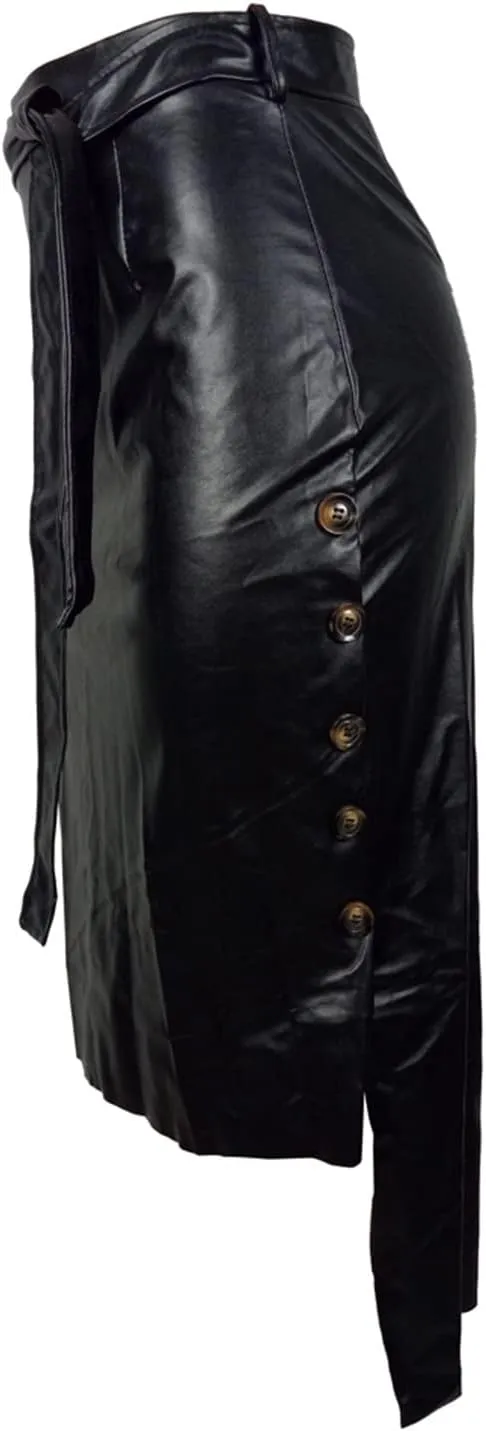 Womens High Waisted Belted Leather Pencil Skirt Side Button Split Faux Leather Work Midi Skirt Wrap