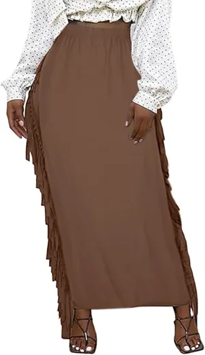 Women's High Waisted Boho Skirts Side Fringe Skirts Pure Comfort Smooth Sexy Skirt Solid Color A Line Skirt Outfit