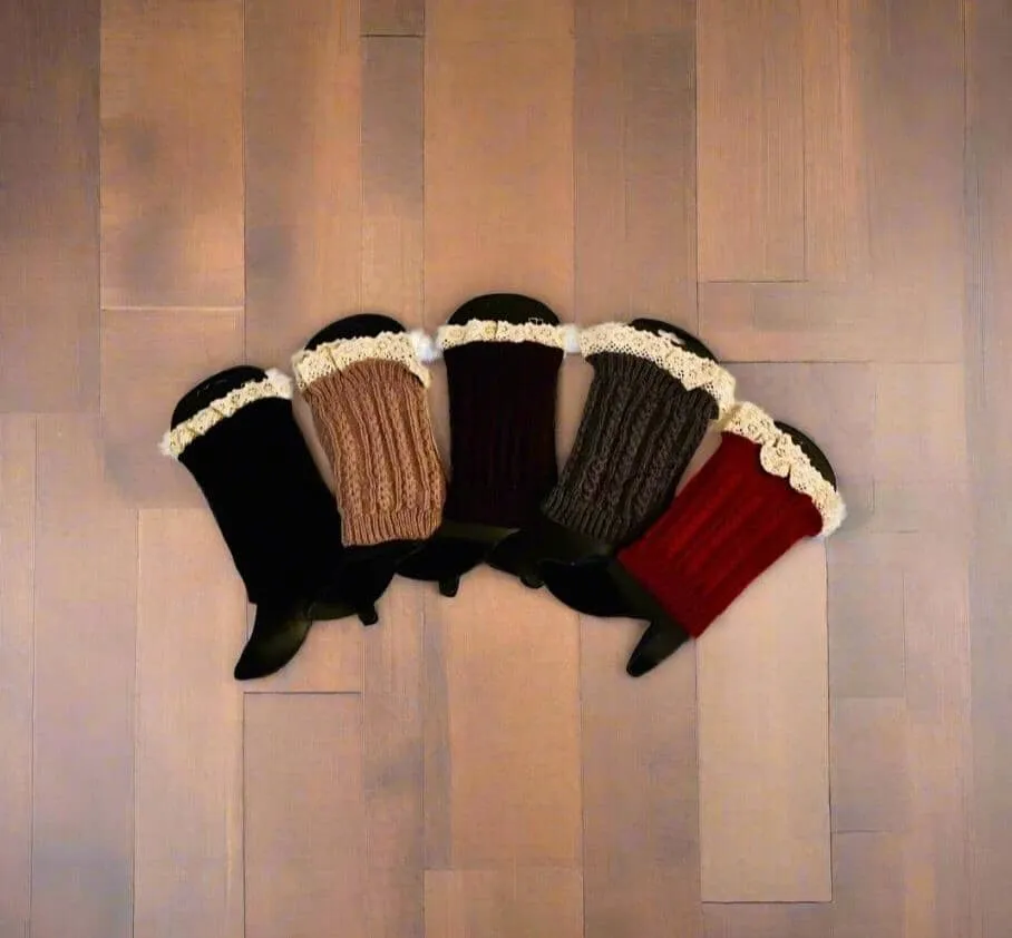 Womens Lace Trim Short Leg Warmers, Boot Socks, Sweater Boot Cuffs, One Size, Black/Khaki/Brown/Gray/Maroon