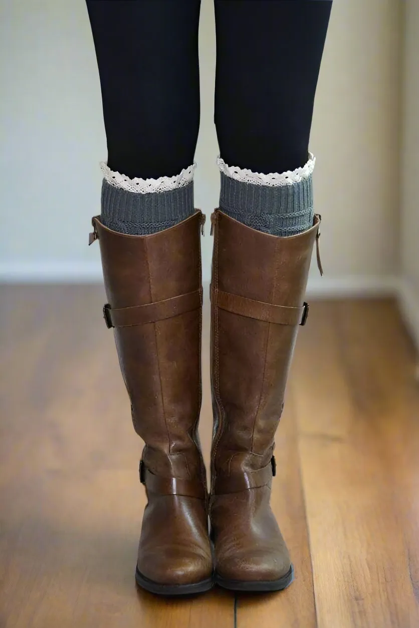 Womens Lace Trim Short Leg Warmers, Boot Socks, Sweater Boot Cuffs, One Size, Black/Khaki/Brown/Gray/Maroon