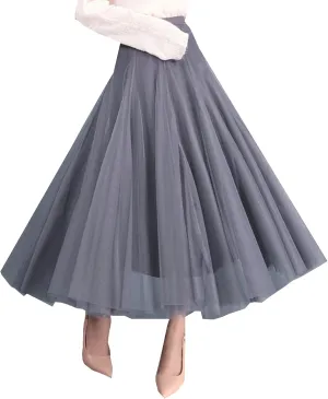 Women's Layered Maxi Skirt, Elastic Waist A Line Tutu Tulle Skirt Pleated Petticoat