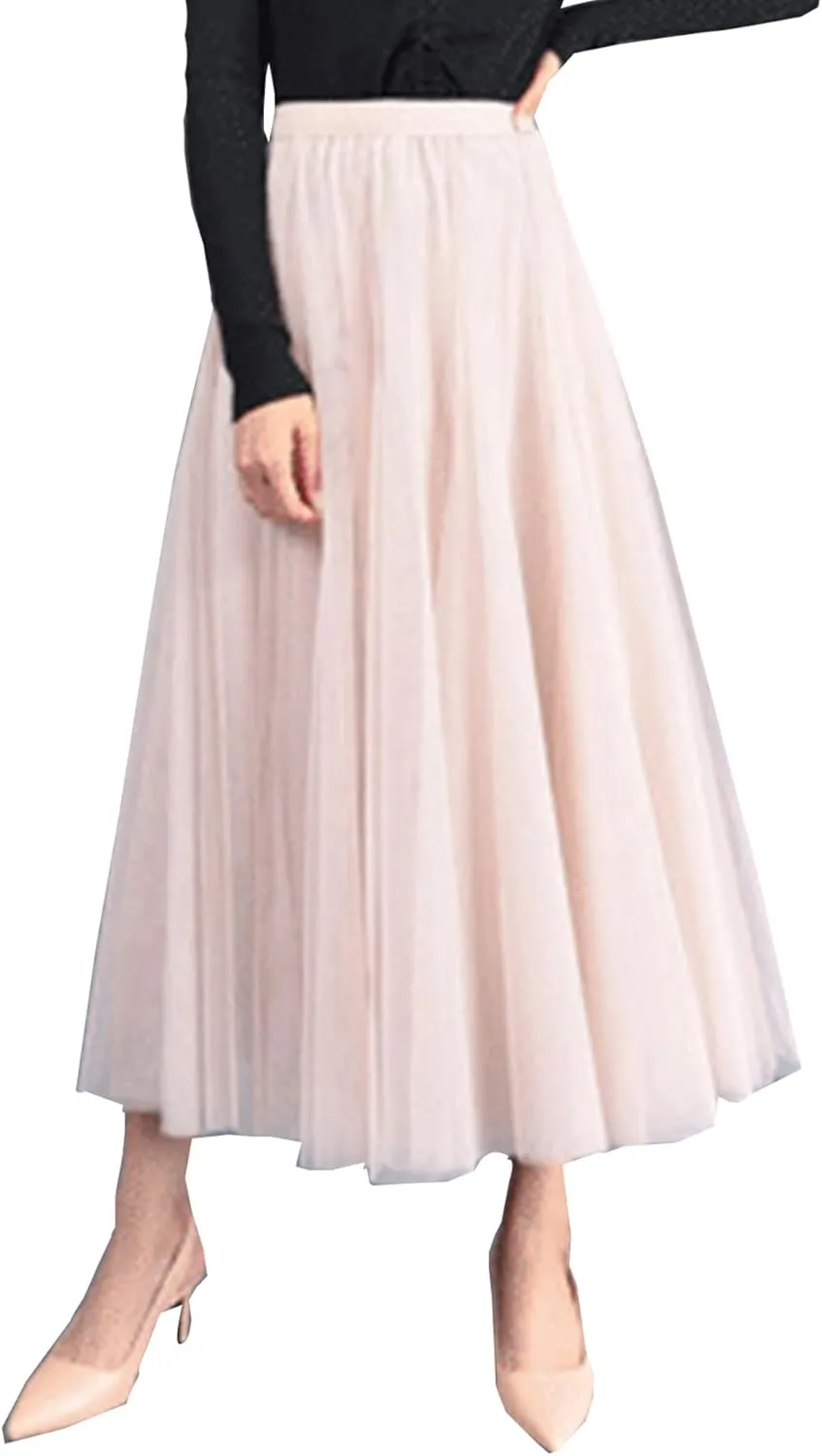 Women's Layered Maxi Skirt, Elastic Waist A Line Tutu Tulle Skirt Pleated Petticoat