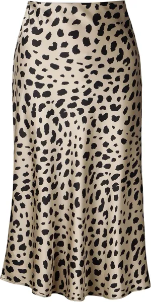 Womens Leopard Print Skirt Midi Long Length Silk Satin High Waist Elastic Skirts