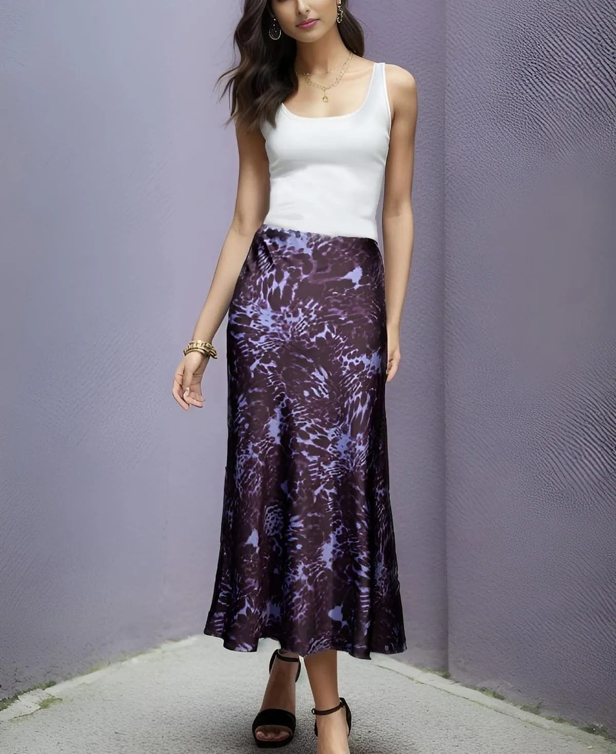 Womens Leopard Print Skirt Midi Long Length Silk Satin High Waist Elastic Skirts