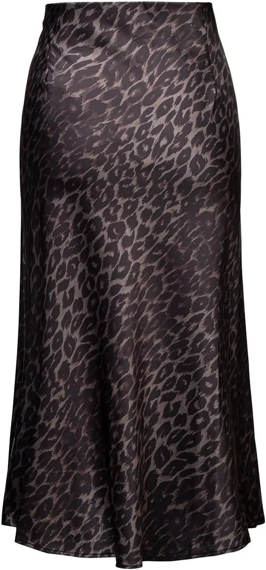 Womens Leopard Print Skirt Midi Long Length Silk Satin High Waist Elastic Skirts