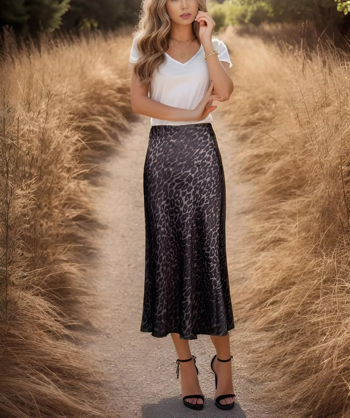 Womens Leopard Print Skirt Midi Long Length Silk Satin High Waist Elastic Skirts
