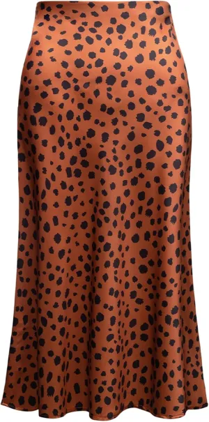 Womens Leopard Print Skirt Trendy Summer Midi Long Length Silk Satin High Waist Elastic Skirts
