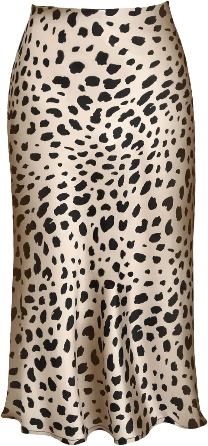 Womens Leopard Print Skirt Trendy Summer Midi Long Length Silk Satin High Waist Elastic Skirts