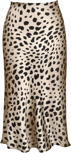Womens Leopard Print Skirt Trendy Summer Midi Long Length Silk Satin High Waist Elastic Skirts