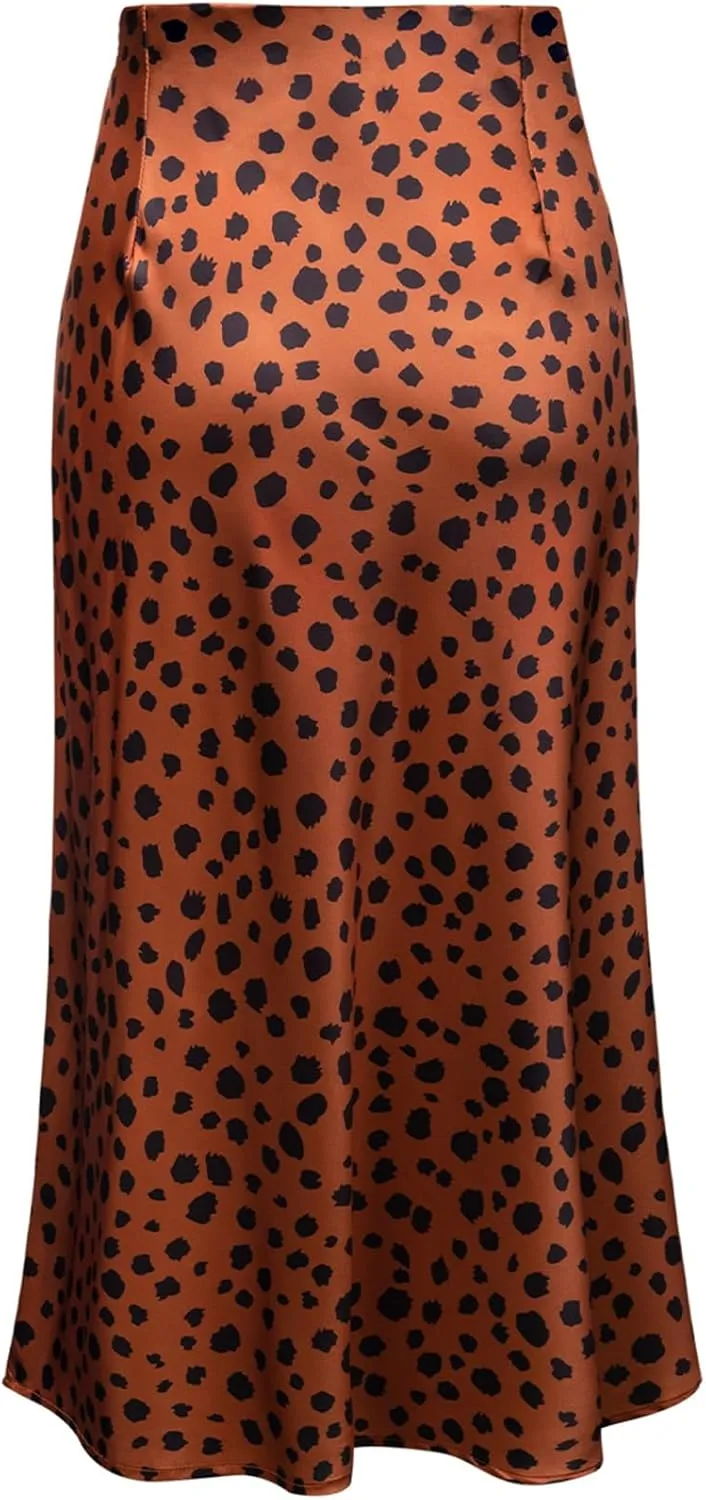 Womens Leopard Print Skirt Trendy Summer Midi Long Length Silk Satin High Waist Elastic Skirts