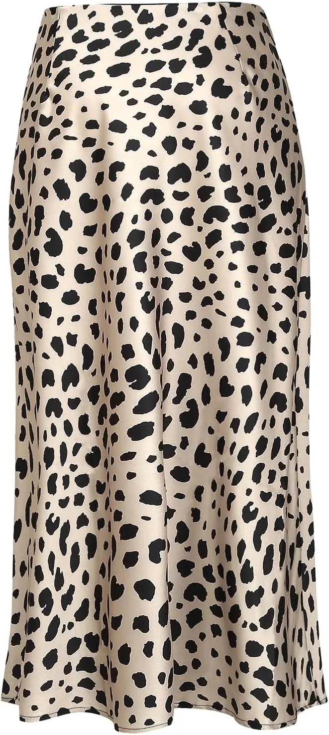 Womens Leopard Print Skirt Trendy Summer Midi Long Length Silk Satin High Waist Elastic Skirts
