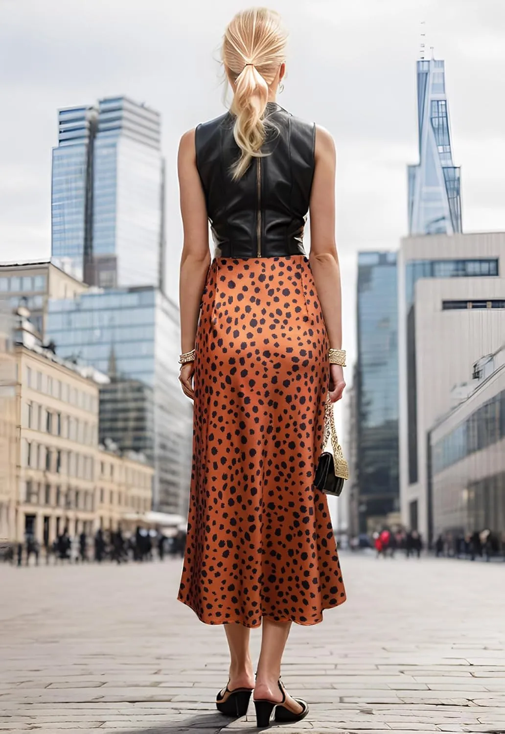 Womens Leopard Print Skirt Trendy Summer Midi Long Length Silk Satin High Waist Elastic Skirts