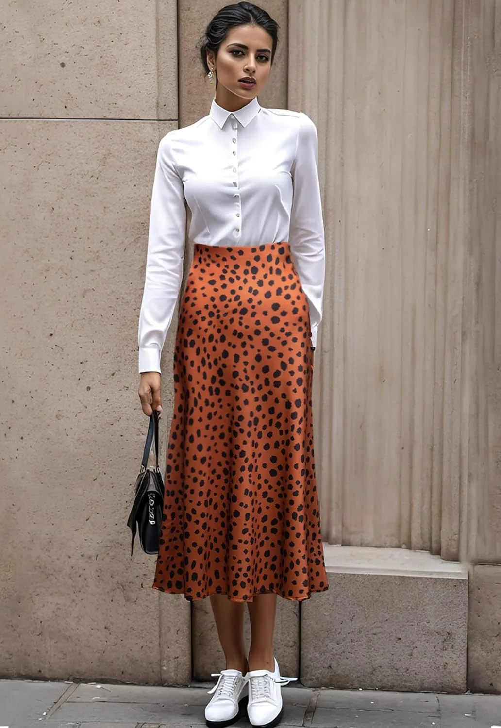 Womens Leopard Print Skirt Trendy Summer Midi Long Length Silk Satin High Waist Elastic Skirts