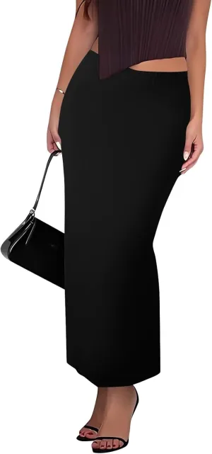 Women's Long Maxi Skirt Solid Long Length Satin High Waist Elastic Skirts Basic Stretch Bodycon Pencil Skirt
