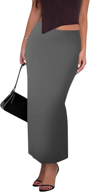 Women's Long Maxi Skirt Solid Long Length Satin High Waist Elastic Skirts Basic Stretch Bodycon Pencil Skirt