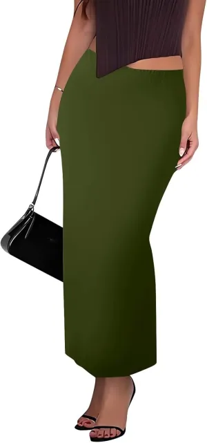 Women's Long Maxi Skirt Solid Long Length Satin High Waist Elastic Skirts Basic Stretch Bodycon Pencil Skirt