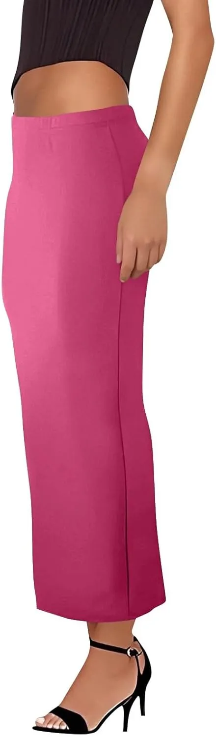 Women's Long Maxi Skirt Solid Long Length Satin High Waist Elastic Skirts Basic Stretch Bodycon Pencil Skirt