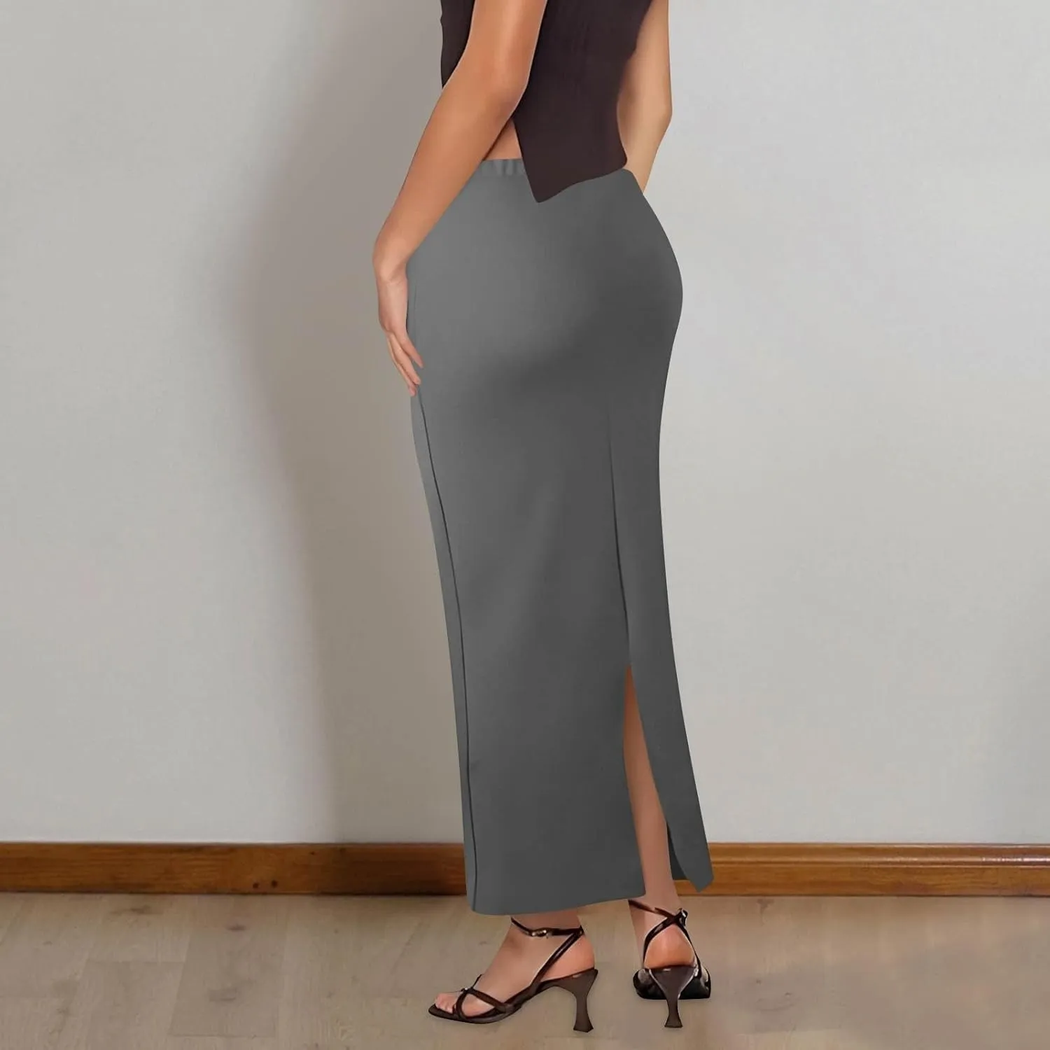Women's Long Maxi Skirt Solid Long Length Satin High Waist Elastic Skirts Basic Stretch Bodycon Pencil Skirt