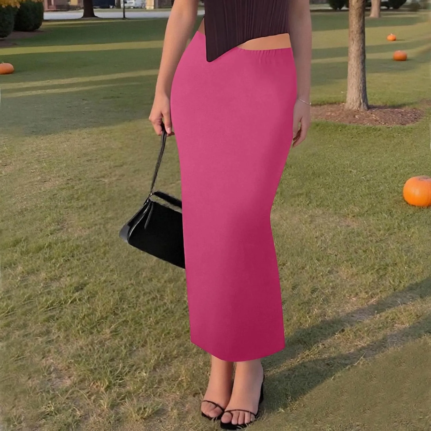 Women's Long Maxi Skirt Solid Long Length Satin High Waist Elastic Skirts Basic Stretch Bodycon Pencil Skirt