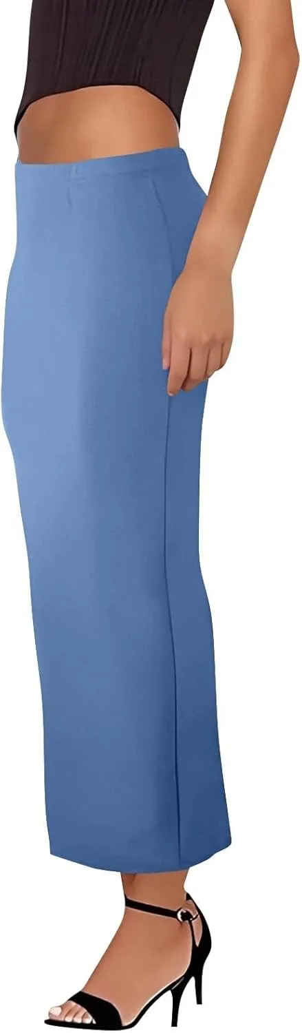 Women's Long Maxi Skirt Solid Long Length Satin High Waist Elastic Skirts Basic Stretch Bodycon Pencil Skirt