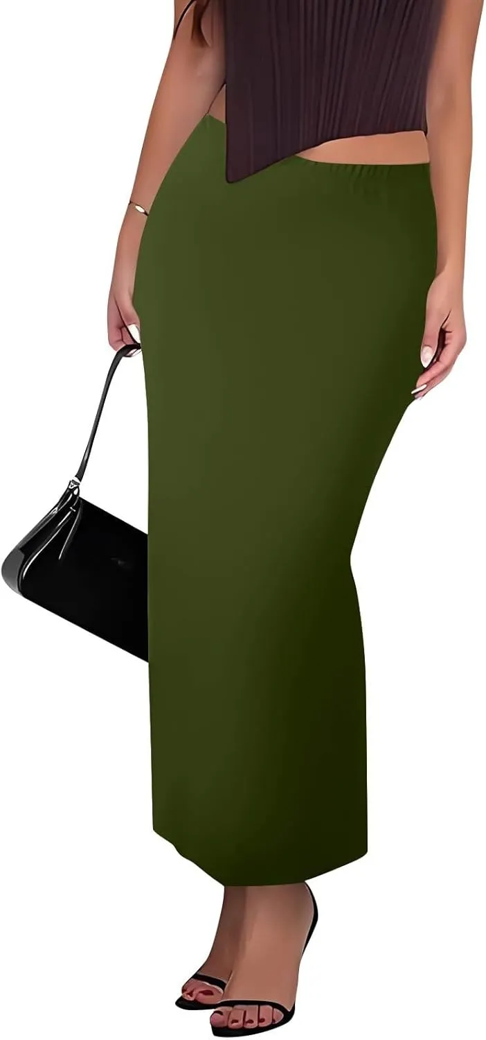 Women's Long Maxi Skirt Solid Long Length Satin High Waist Elastic Skirts Basic Stretch Bodycon Pencil Skirt