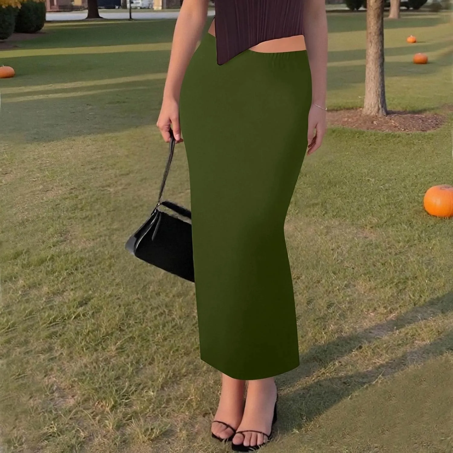 Women's Long Maxi Skirt Solid Long Length Satin High Waist Elastic Skirts Basic Stretch Bodycon Pencil Skirt