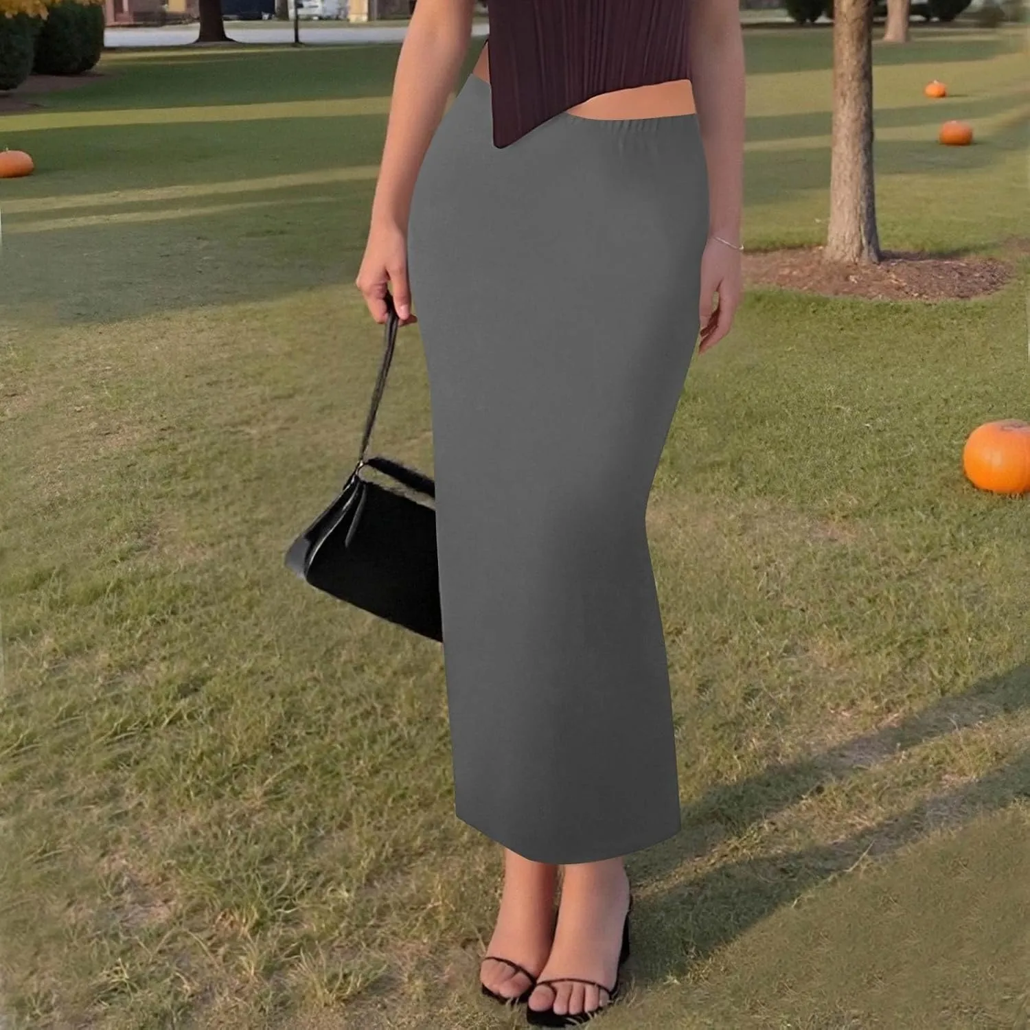 Women's Long Maxi Skirt Solid Long Length Satin High Waist Elastic Skirts Basic Stretch Bodycon Pencil Skirt