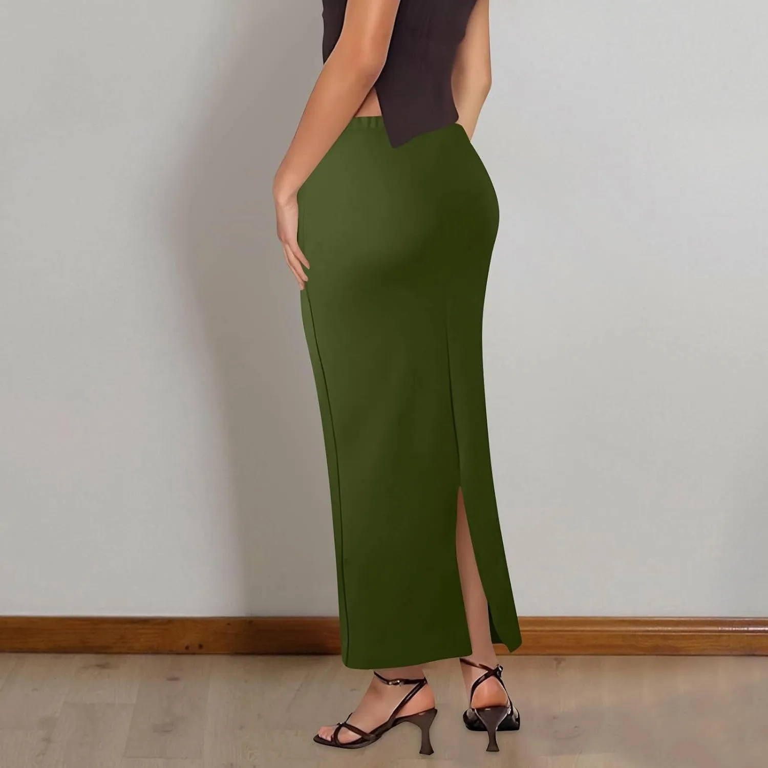 Women's Long Maxi Skirt Solid Long Length Satin High Waist Elastic Skirts Basic Stretch Bodycon Pencil Skirt